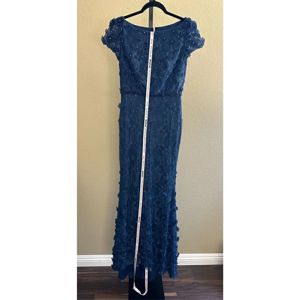 MAC DUGGAL FLORAL APPLIQUE BOAT NECK SHORT SLEEVE GOWN 67711 MIDNIGHT BLUE SIZE